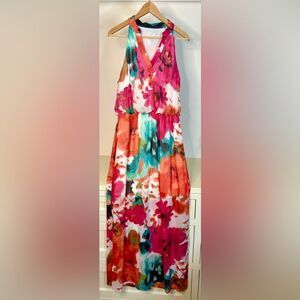 Bisou Bisou Pink and Orange Floral Maxi Dress sz 14